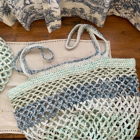 NEW! Handcrafted Crochet 100% Cotton Packable Tote Bag & Pouch - Blue/Green - Picture 6 of 16